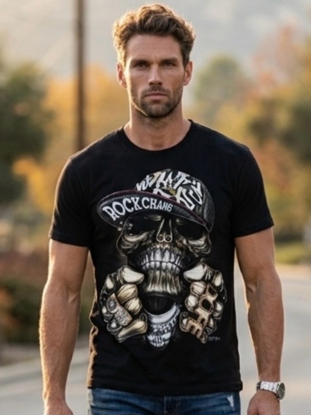 Rock Chang Skull 3D Graphics Black Short Sleeve Tee